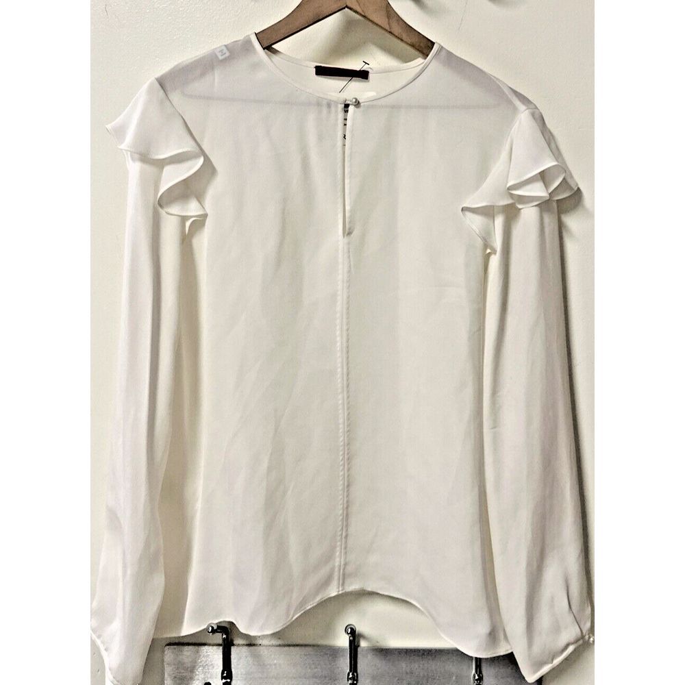 Carolina Herrera Women Size 14 Cream Ruffled Shoulder Blouse‎ Silk Pearl Buttons